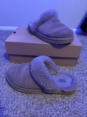 UGG Suede Shearling Clog Slippers in Taupe